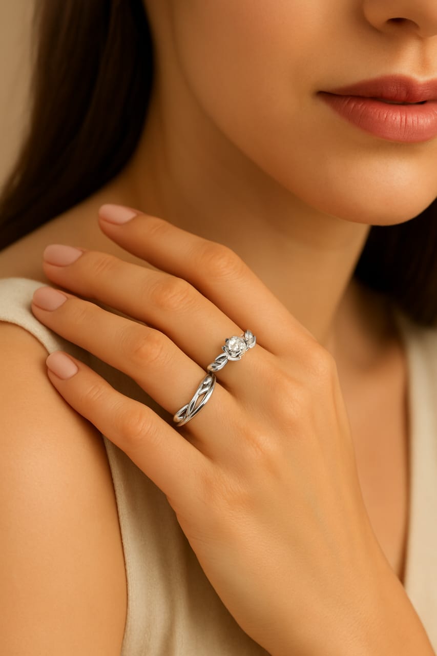 silver stylish king Queen design Copper Silver Plated Ring Set